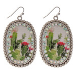 Wholesale metal drop earrings faux leather western cactus print center detail rh