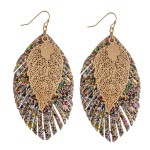 Wholesale filigree leaf glittery feather drop earrings