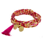 Wholesale boho beaded stretch bracelet set ten beaded strands tassel detail gold