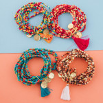 Wholesale boho beaded stretch bracelet set ten beaded strands tassel detail gold
