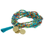 Wholesale boho beaded stretch bracelet set ten beaded strands tassel detail gold