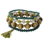 Wholesale wood beaded stretch bracelet set faceted bead details raffia tassel ac