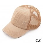 Wholesale c C BT beige distressed vintage ponytail cap Mesh back velcro closure