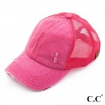 Wholesale c C BT hot pink distressed vintage ponytail cap Mesh back velcro closu