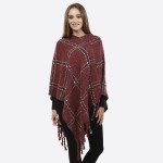 Wholesale burgundy poncho plaid tassel accents acrylic One fits most