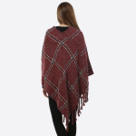 Wholesale burgundy poncho plaid tassel accents acrylic One fits most
