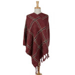 Wholesale burgundy poncho plaid tassel accents acrylic One fits most
