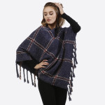 Wholesale navy blue poncho plaid tassel accents acrylic One fits most