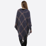 Wholesale navy blue poncho plaid tassel accents acrylic One fits most