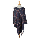 Wholesale navy blue poncho plaid tassel accents acrylic One fits most