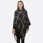 Wholesale charcoal gray poncho plaid tassel accents acrylic One fits most