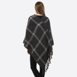 Wholesale charcoal gray poncho plaid tassel accents acrylic One fits most