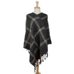 Wholesale charcoal gray poncho plaid tassel accents acrylic One fits most