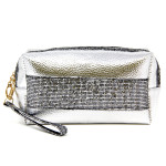 Wholesale metallic faux leather cosmetic travel pouch detachable wristlet Open l