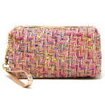 Wholesale tweed cosmetic travel pouch detachable wristlet Open lined inside no p